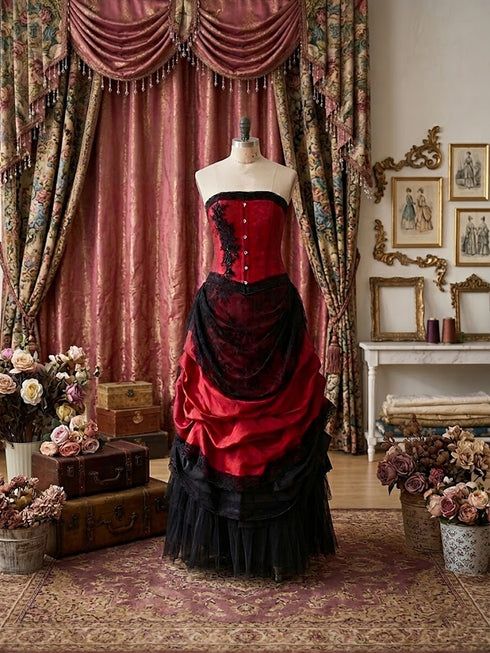 Strapless Red Corset Prom Dress with Black Lace, Gothic Long Formal Dress Evening Dress