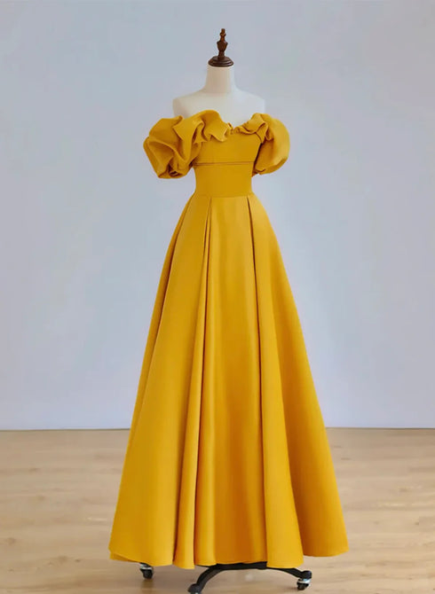 A-line Yellow Satin Sweetheart Off Shoulder Party Dress, Yellow Prom Dress