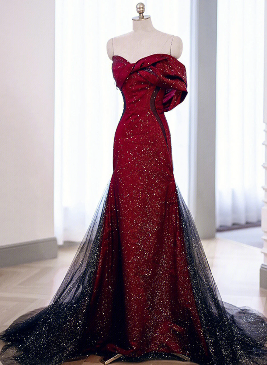Black and Red Long Party Dress Prom Dress, Sweetheart Satin Evening Dr