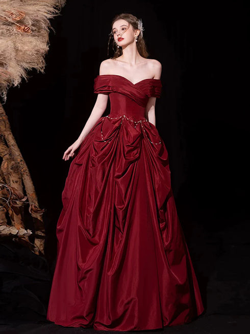 Wine Red Sweetheart Off Shoulder Long Party Dress, A-line Wine Red Beaded Prom Dress