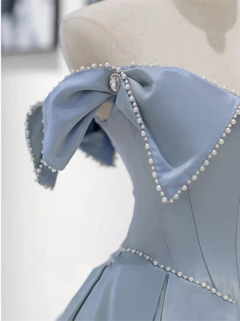 Blue Satin Beaded Off Shoulder A-line Prom Dress, Blue Long Party Dress Evening Dress