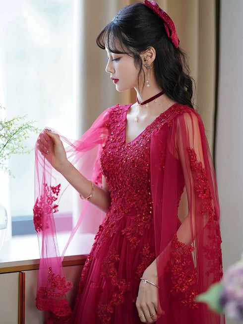 Wine Red Tulle V-neckline with Lace Applique Prom Dress, Wine Red Tulle Evening Dress