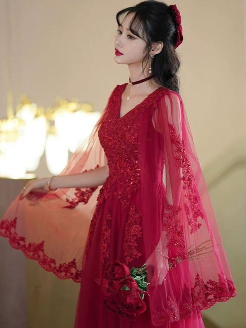 Wine Red Tulle V-neckline with Lace Applique Prom Dress, Wine Red Tulle Evening Dress