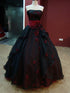 Gothic Black and Red Flowers Ball Gown Strapless Formal Dress, Black and Red Long Quinceanera Dress