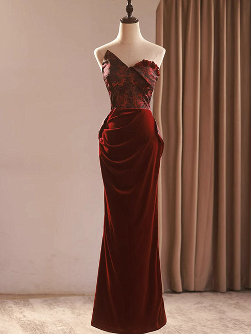 Wine Red Velvet and Lace Mermaid Party Dress, Wine Red Mermaid Prom Dress