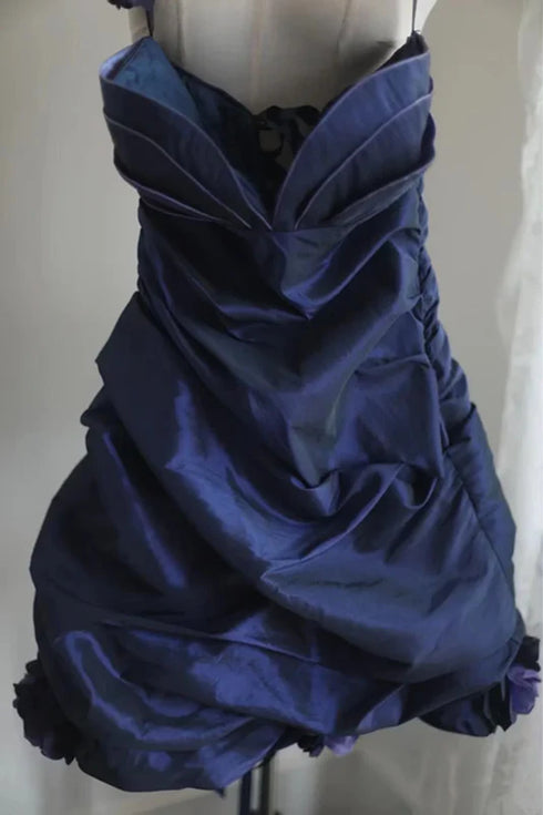 Cute Navy Blue Taffeta Strapless Homecoming Dress, Navy Blue Short Prom Dress Formal Dress
