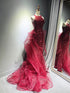 Wine Red Sequins and Tulle Halter Party Dress, Wine Red Chic Prom Dress Evening Dress