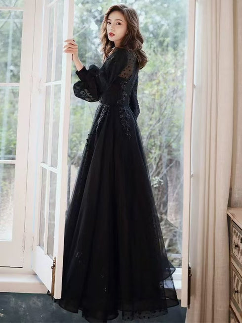 Black Tulle Puffy Long Sleeves Party Dress with Beadings, Black Tulle Prom Dress