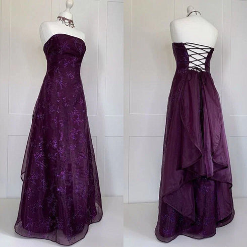 Gothic Purple Strapless A-Line Evening Dress, Strapless Floral Lace Long Prom Dress Party Dress