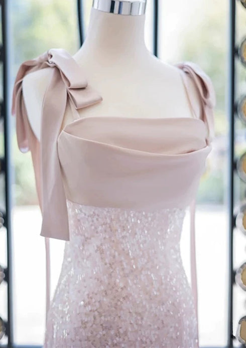 Pink Sequins A-line Straps Long Party Dress, Pink Floor Length Prom Dress Evening Dress