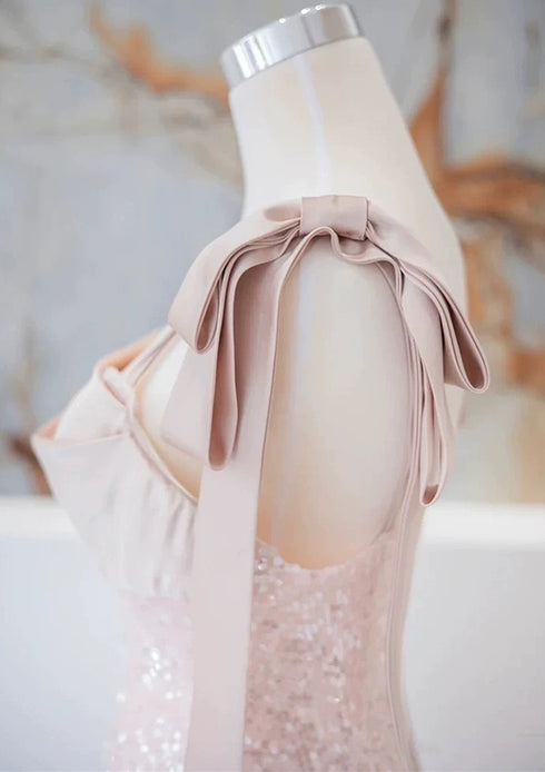 Pink Sequins A-line Straps Long Party Dress, Pink Floor Length Prom Dress Evening Dress