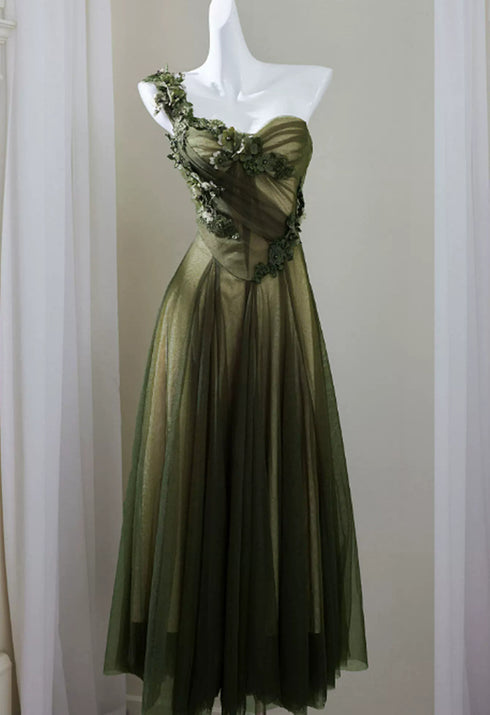 Green Tulle A-Line One Shoulder Formal Evening Dress, Green Long Prom Dress with Flowers