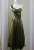 Green Tulle A-Line One Shoulder Formal Evening Dress, Green Long Prom Dress with Flowers