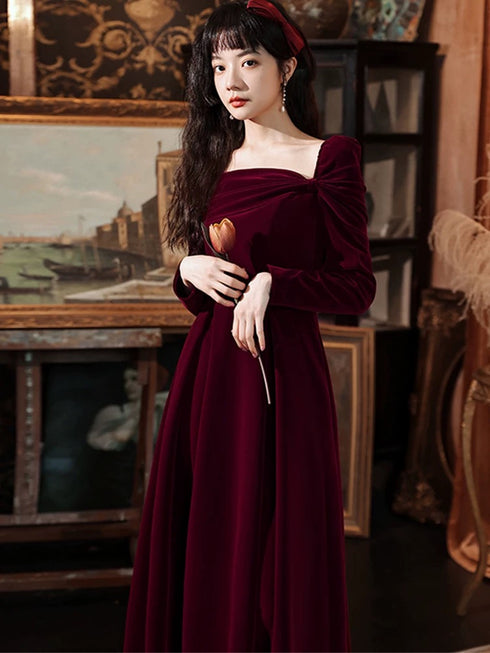 Wine Red Long Sleeves Velvet Wedding Party Dress, A-line Long Prom Dress Evening Dress