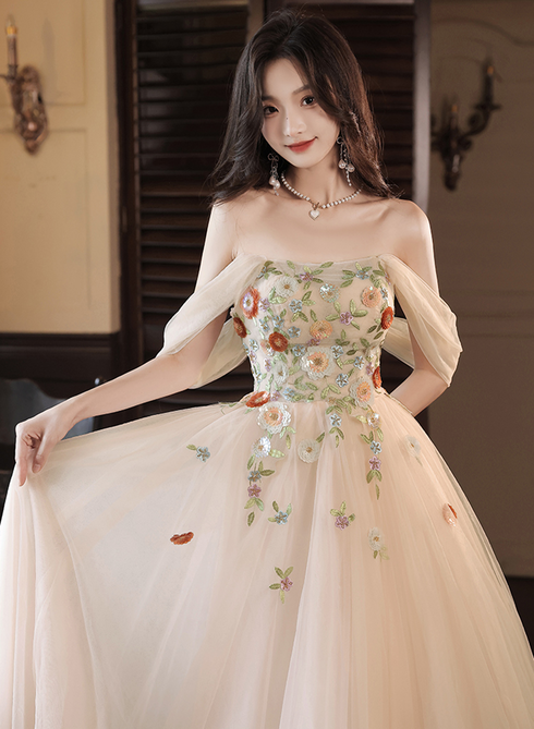 Light Champagne A-line Off Shoulder Party Dress, Tulle with Lace Applique Prom Dress
