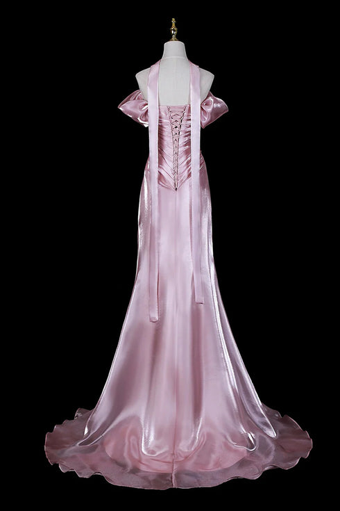 Elegant Pink Satin Off Shoulder Mermaid Party Gown, Pink Long Formal Dress Evening Dress