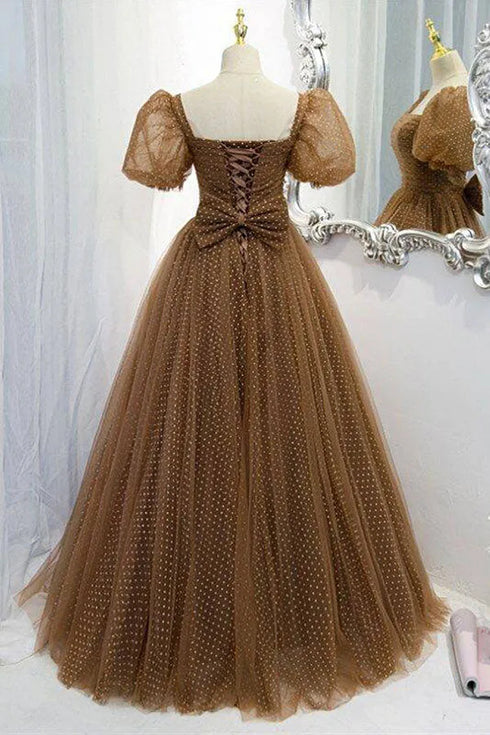 Brown A-line Tulle Square Neck Puff Sleeve Prom Gown, Lovely Floor Length Evening Dress