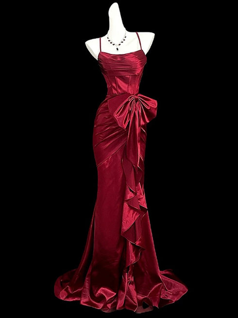 Wine Red Mermaid Straps Long Party Dress, Wine Red Satin Prom Dress Evening Dress
