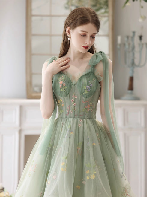 Light Green High Low Floral Tulle Formal Dress, High Low Homecoming Dresss