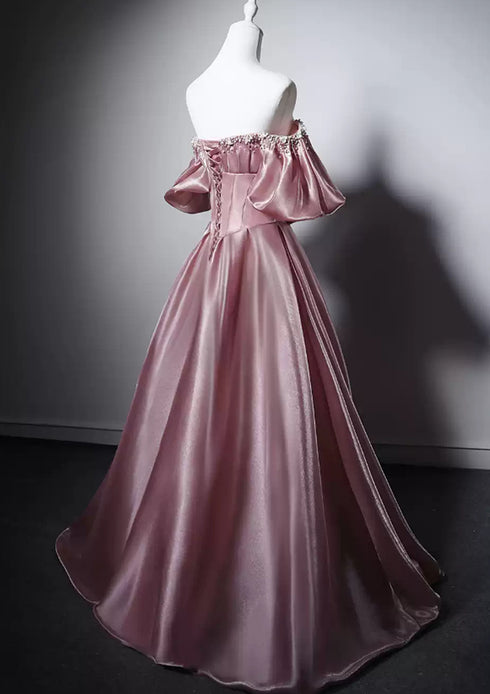 Pink Beaded Satin Off Shoulder Scoop Long Prom Dress, Pink A-line Wedding Party Dress