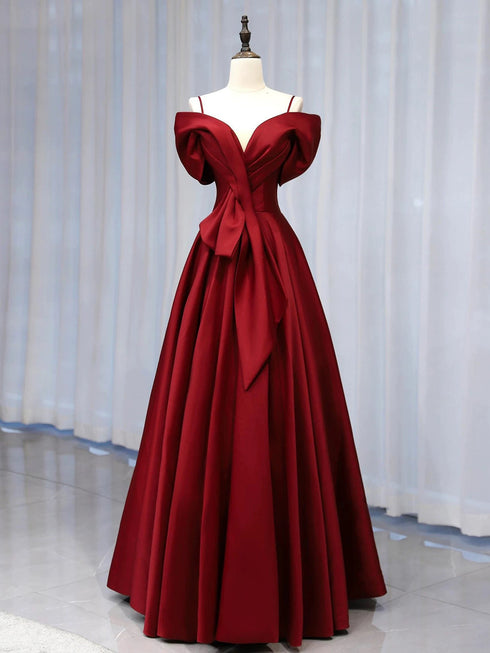 A-line Wine Red Satin Sweetheart Off Shoulder Party Dress, Wine Red Satin Evening Dress