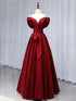 A-line Wine Red Satin Sweetheart Off Shoulder Party Dress, Wine Red Satin Evening Dress