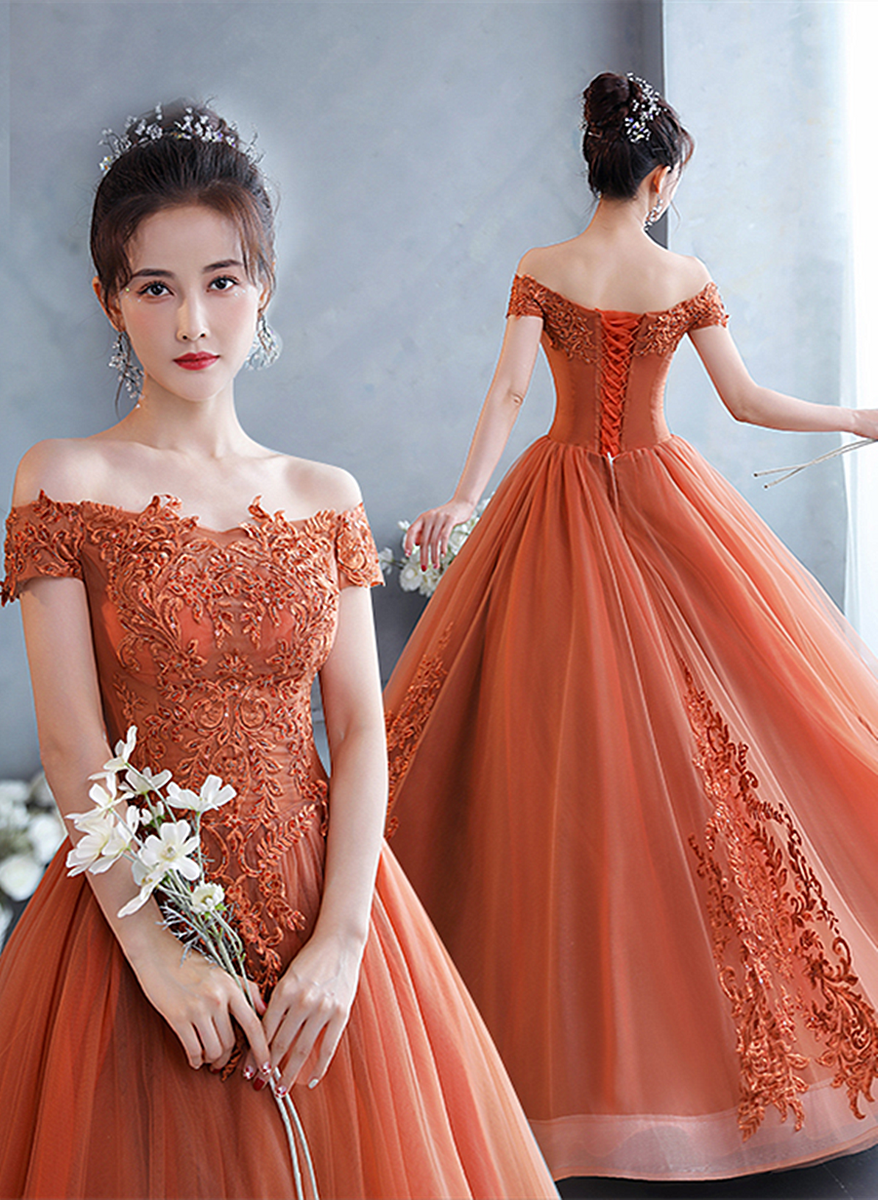 Beautiful Red Off Shoulder Long Sweet 16 Dress with Gold Lace Top, Party Dresses
