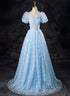 Light Blue A-line Lace Short Sleeves Prom Dress, Light Blue Evening Dress