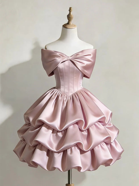 Pink Off Shoulder Satin Short Dress, Pink Tiered Ruffle Homecoming Dress Formal Dress