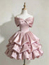 Pink Off Shoulder Satin Short Dress, Pink Tiered Ruffle Homecoming Dress Formal Dress