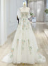 A-line Ivory Tulle with Flower Lace Wedding Party Dress, Ivory Formal Dress