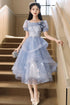 Light Blue Tea Length Short Sleeves Party Dress with Lace, Light Blue Homecoming Dress