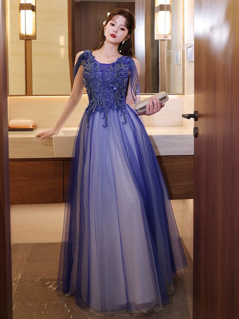 Blue and White V-neckline Floor Length Tulle Party Dress, A-line Long Formal Dress Prom Dress