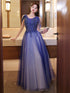 Blue and White V-neckline Floor Length Tulle Party Dress, A-line Long Formal Dress Prom Dress