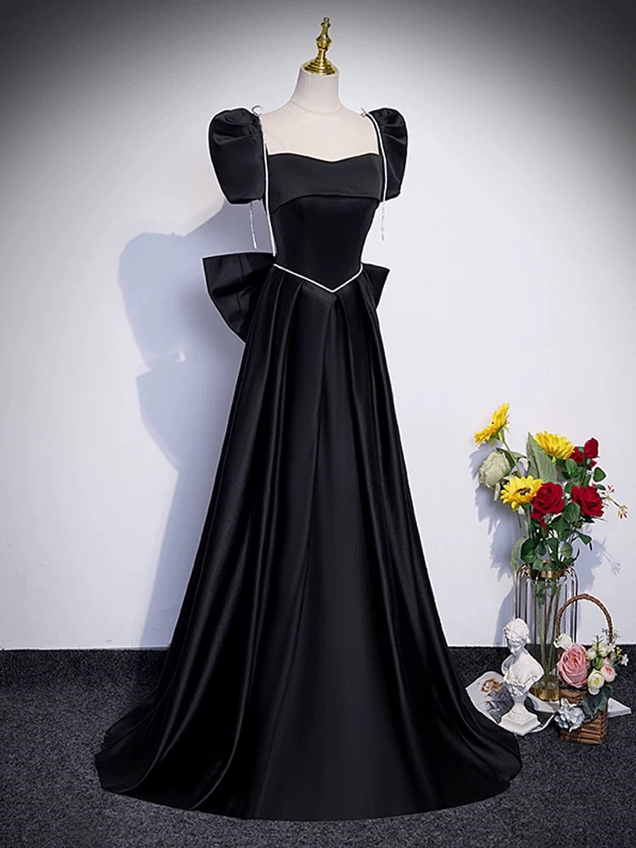 A-line Black Satin Short Sleeves Party Dress, Black Satin Floor Length