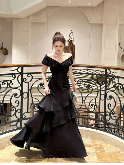 Black Off Shoulder Satin Layers Long Formal Dress, Black Satin V-neckline Prom Dress