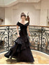 Black Off Shoulder Satin Layers Long Formal Dress, Black Satin V-neckline Prom Dress