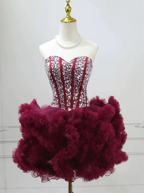 Wine Red Rhinestone Corset Mini Dress, Sweetheart Ruffled Tulle Short Homecoming Dress