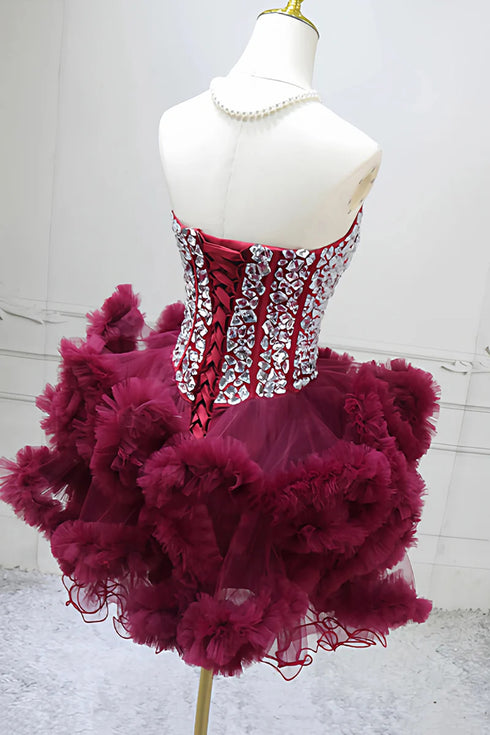 Wine Red Rhinestone Corset Mini Dress, Sweetheart Ruffled Tulle Short Homecoming Dress