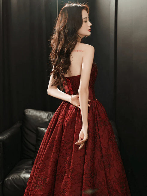 Wine Red Floral Satin Long Party Dress, Wine Red Evening Dress Prom Dress