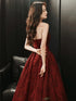 Wine Red Floral Satin Long Party Dress, Wine Red Evening Dress Prom Dress