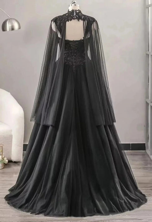 Black A-line Tulle Long Party Dress with Cap, Black Tulle with Lace Applique Prom Dress