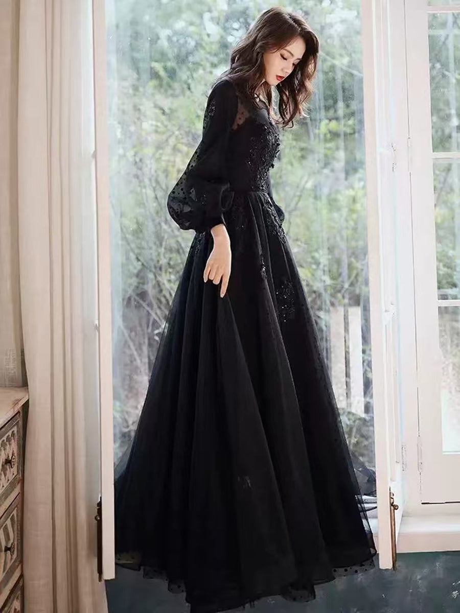 Black Tulle Puffy Long Sleeves Party Dress with Beadings, Black Tulle