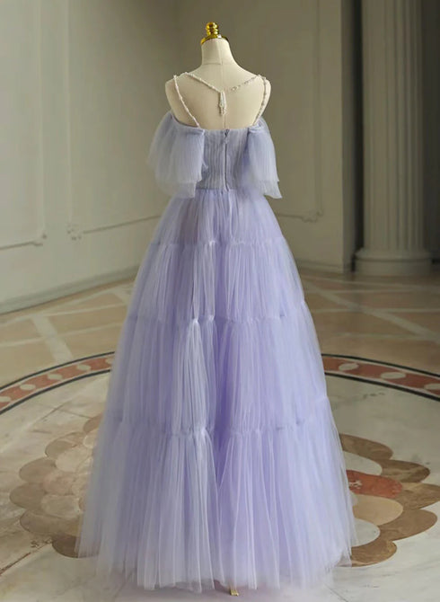 A-line Tulle Scoop Off Shoulder Party Dress, Lavender Tulle Prom Dress
