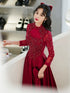 Wine Red Satin A-line Tulle Party Dress with Long Sleeves, Wine Red Satin Prom Dress