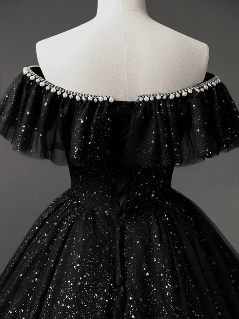 Black A-line Tulle Off Shoulder Beaded Party Dress, Black Shiny Tulle Prom Dress