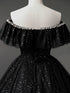 Black A-line Tulle Off Shoulder Beaded Party Dress, Black Shiny Tulle Prom Dress