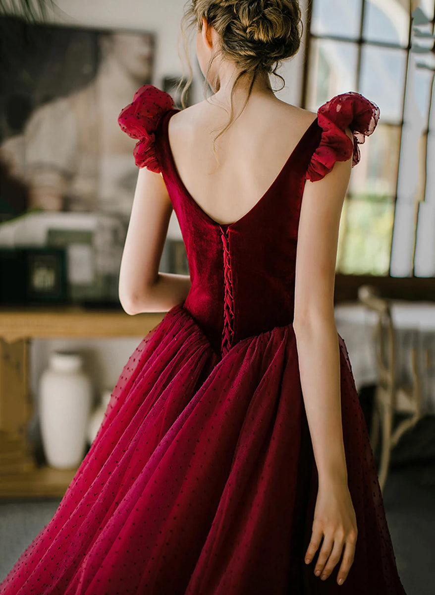Cute Wine Red Velvet and Tulle Homecoming Dress, Wine Red Straps Party Dress