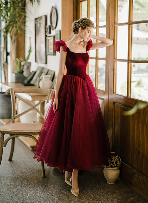 Wine Red Tea Length Scoop Straps Tulle Party Dress, Wine Red Homecoming Dress