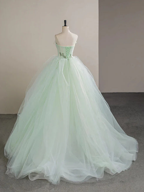 Light Green Tulle with Lace Scoop Party Dress, Light Green Long Prom Dress